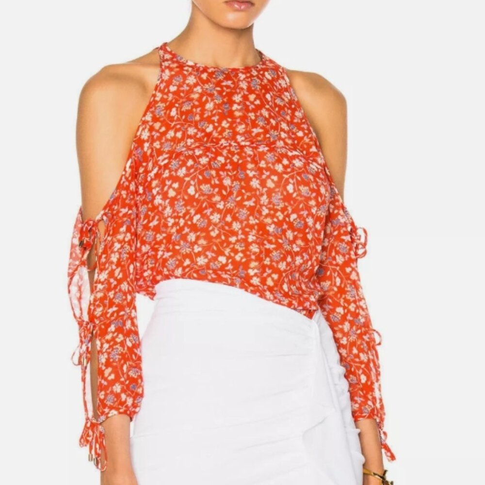 NWOT Veronica Beard Flynn Floral Silk Cold Shoulder Halter Neck Blouse XS $344